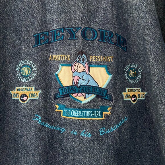 Vintage Disney Winnie The Pooh EEYORE Denim Button Quilted Varsity Jacket XL - Picture 8 of 10